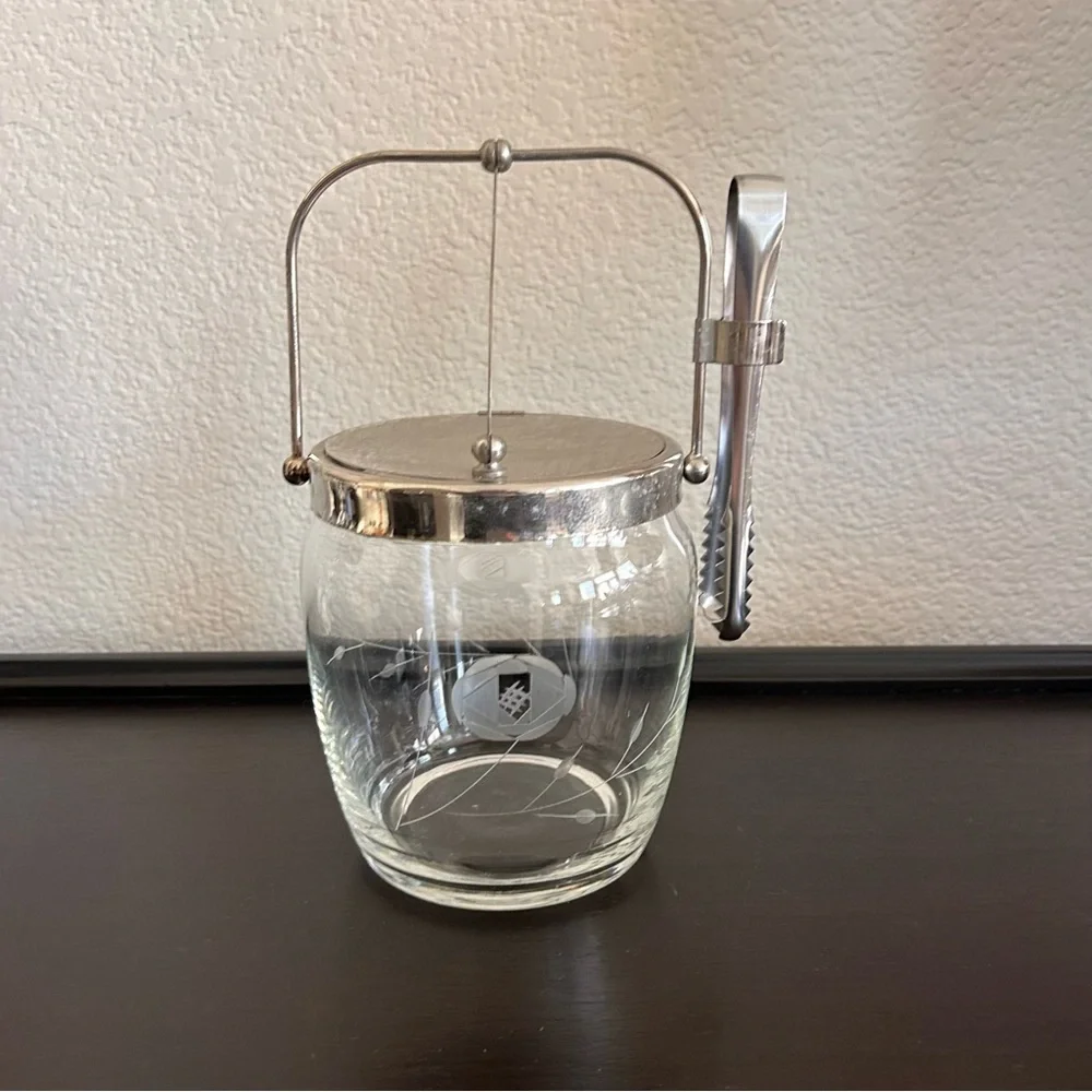Vintage Mid-Century Modern Noritake Sasaki glass ice bucket etched floral tong